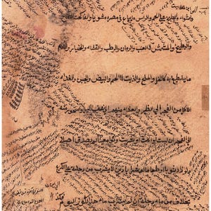 May include: An antique parchment document featuring dense, handwritten Arabic calligraphy in dark brown ink. The paper has a weathered, tan, and beige texture with visible stains and aged edges, displaying multiple lines of text oriented in various directions.