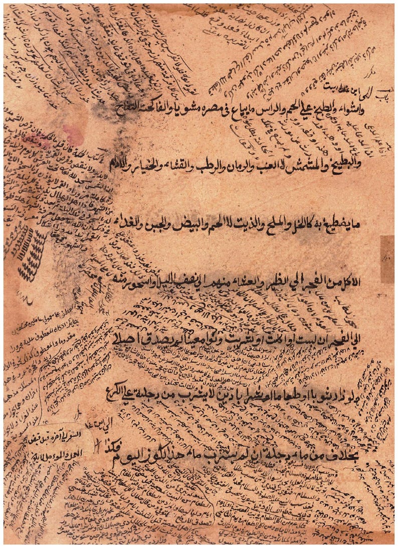 May include: An antique parchment document featuring dense, handwritten Arabic calligraphy in dark brown ink. The paper has a weathered, tan, and beige texture with visible stains and aged edges, displaying multiple lines of text oriented in various directions.