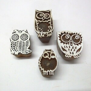 Lot Of 4 Wooden Hand Carved Textile Printing Fabric Block Stamp Owl Shape Design