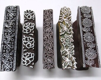 Lot Of 5 Indian Wooden Hand Carved Textile Fabric Block Stamp Borders Floral