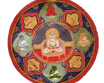 Antique Jain Tirthankara Miniature Painting India Rare Collectable Round Highly Aged Real Gold Decoration Jain Saint