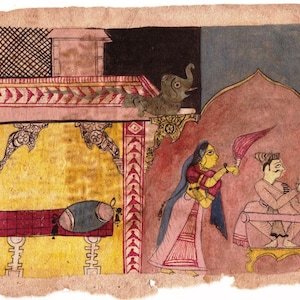 Indische Miniaturmalerei auf Vintage altem Papier Handgeschriebene Manuskriptseite Ragmala Rag Ragini Volkskunst Seltenes Sammlerstück Unikat