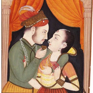 Beautiful Fine Miniature Painting Of Mughal Indian royal couple making love fine art
