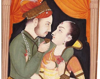Beautiful Fine Miniature Painting Of Mughal Indian royal couple making love fine art