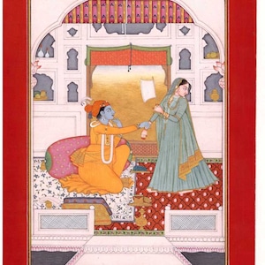 HOME DECOR Indian Miniature Painting Pahari Style Fine Painting Radha Krishna Royal Love