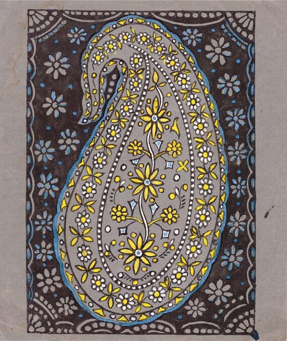 Vintage 1980s Hand Painted Colorful Textile Motif Design Sample Watercolor on paper Textile Block Print Design Ethnic Paisley 126