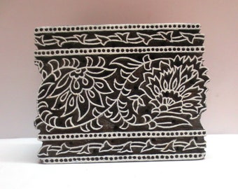 Antique indian wooden hand carved textile printing on fabric block / stamp vintage tool floral design pattern