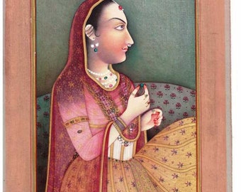 ヴィンテージのムガル帝国女王のミニチュア絵画：インド美術の壁装飾