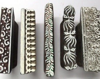 Lot Of 5 Wooden Hand Carved Textile Print Fabric Clay Block Stamp Borders