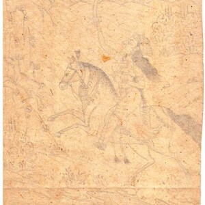 May include: A black and white pencil sketch of a person riding a horse. The drawing is on a light brown paper with a rough texture. The horse is in motion and the rider is holding the reins.
