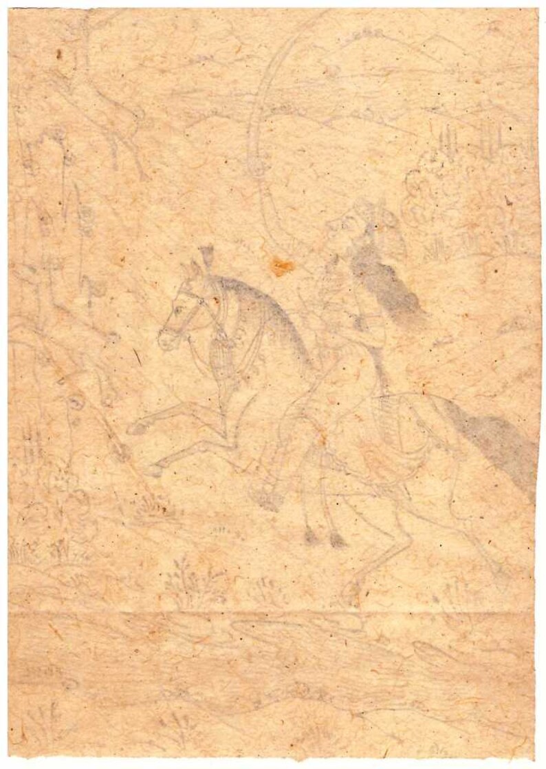May include: A black and white pencil sketch of a person riding a horse. The drawing is on a light brown paper with a rough texture. The horse is in motion and the rider is holding the reins.