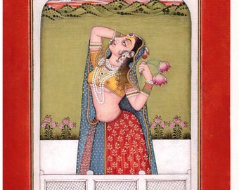 インドの細密画：鹿と女性、自然アート（10.5x13.5インチ） - Etsy 日本