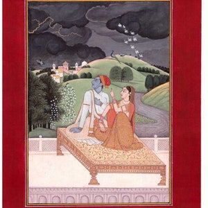 Home Decor Indian Miniature Painting Pahari Style Fine Painting Radha Krishna CLOUDY NIGHT
