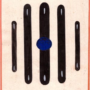 Pode incluir: Pintura abstrata com cinco linhas verticais pretas e um c&iacute;rculo azul no centro.