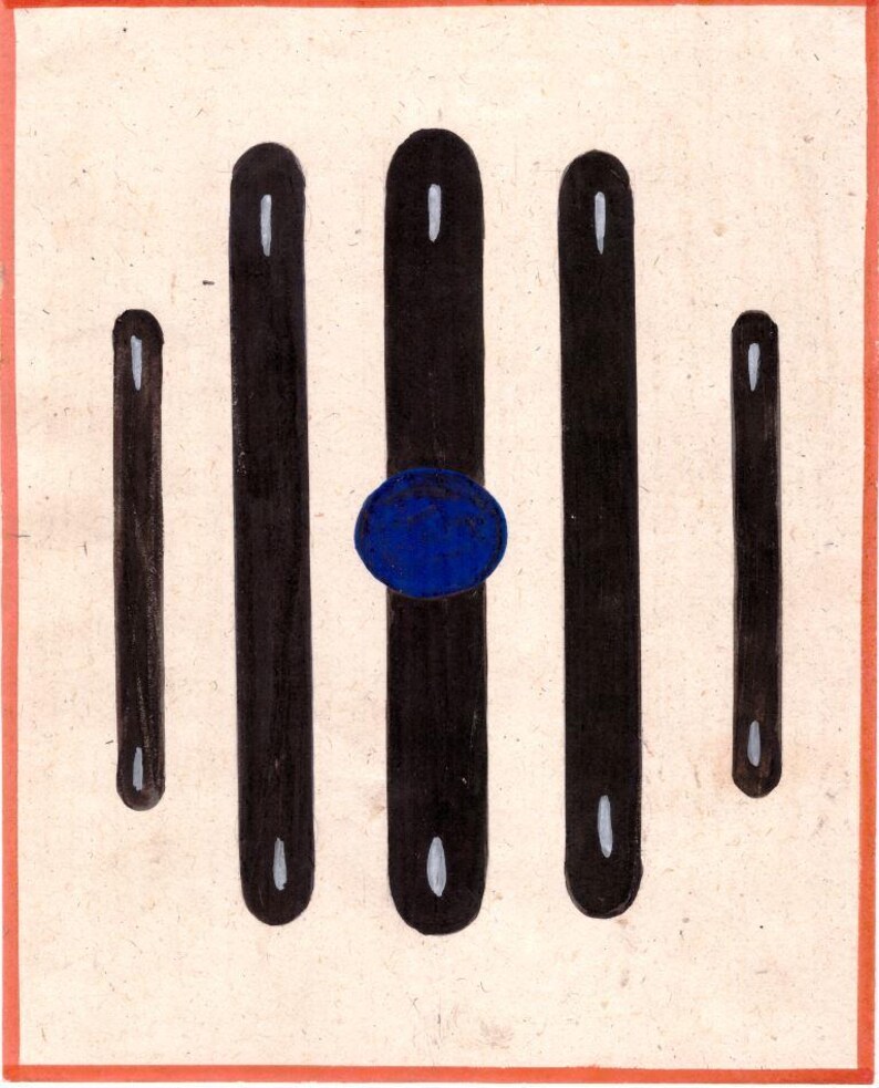 Pode incluir: Pintura abstrata com cinco linhas verticais pretas e um c&iacute;rculo azul no centro.