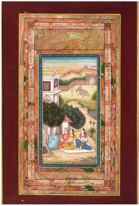 Beautiful Fine Miniature Mughal Painting Detailed fine art with decorative marbling borders and calligraphy