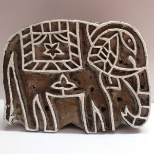 Antique Indian Wood Hand Carved Textile Print Fabric Block Stamp Elephant