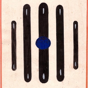 Pode incluir: Pintura abstrata com cinco linhas verticais pretas e um c&iacute;rculo azul no centro.