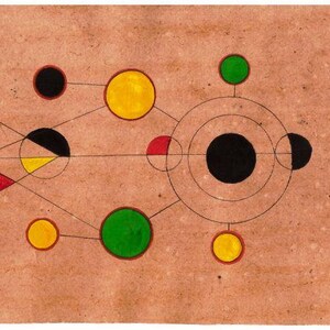 May include: Abstract geometric artwork featuring circles, triangles, and lines in black, red, yellow, and green on a brown background.
