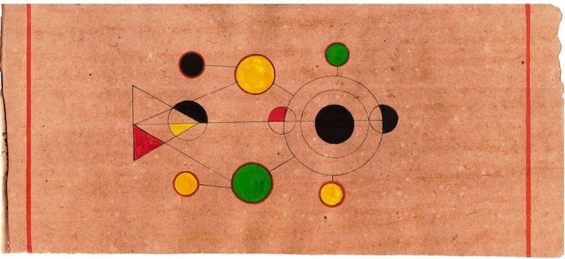 May include: Abstract geometric artwork featuring circles, triangles, and lines in black, red, yellow, and green on a brown background.