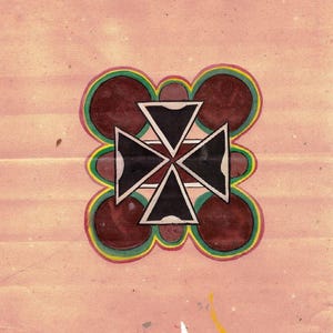 May include: A hand-painted abstract design featuring a black and white cross shape at the center, surrounded by maroon circles and colorful outlines of green, yellow, and red. The background is a light peach color.