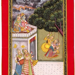 Indian Miniature Painting Of Radha & Krishna With Sakhi&#39;s Fine Home Decor Gift