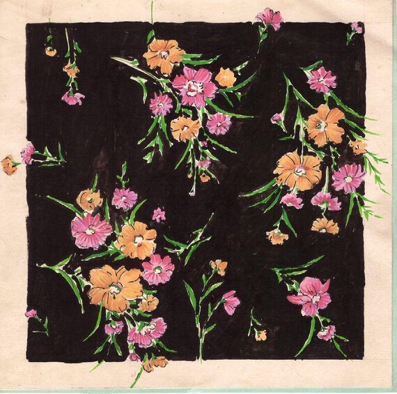 Vintage 1980s Hand Painted Colorful Textile Motif Design Sample Watercolor on paper Textile Block Print Design Floral Motif Design 130