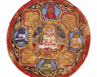 Antigo jain tirthankara pintura em miniatura índia raro colecionável redondo altamente envelhecido decoração de ouro real