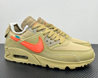 Off White x Air Max 90 Desert Ore Hyper Jade-Bright Mango, Women and Man Shoes, Sneaker gifts, Unisex shoes