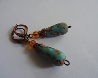 Boucles d'oreilles, ethniques, boucles d'oreilles, turquoise/bronze, perles goutte, cuivre, Gablonz, cadeau maman, femme, anniversaire, boucles d'oreilles vintage, copine,