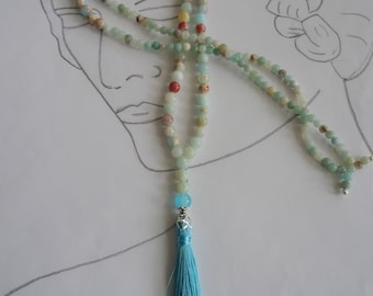 Collier de perles amazonite, ethnique, long collier de perles, gland de soie, boho, collier hippie, turquoise, look superposé, idée cadeau, Saint-Valentin,