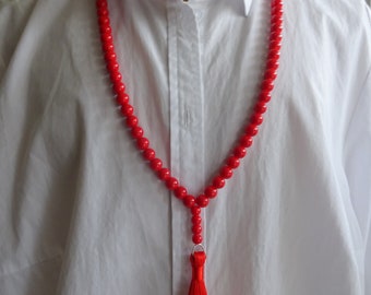 Rotes Glasperlen  Collier, Seidenquaste, Halsschmuck, Lagenlook, Perlenkette,  Statementkette, Sommerkette, lange Blusenkette,