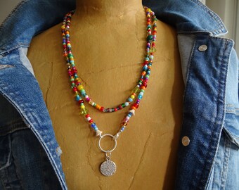 Statementkette, bunte Glasperlenkette, Halsschmuck, Boho,  Lagenlook, lange Kette, bunte Rocailles,  Geschenk Freundin, Ibizastyle,