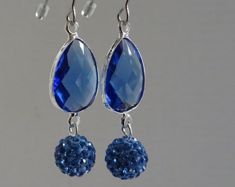 Boucles d'oreilles longues, lustres, perles pailletées bleues, style bohème, gouttes en verre bleu, cadeau fille, cadeau copine, fête des mères,