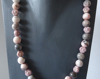 Collier de perles en pierre naturelle, rose/gris, sautoir, collier coup de cœur, bohème. Perles de fleurs, chaîne de chemisier, femme, style classique.