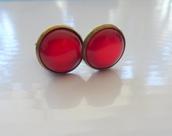 Clips d'oreilles, boucles d'oreilles, pierre de verre rouge chatoyante, clips couleur bronze, boucles d'oreilles classiques, cadeau maman, anniversaire, meilleure amie,