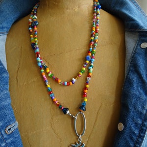 Statement necklace, colorful glass bead necklace, necklace, boho, layered look, long necklace, colorful seed beads, sun pendant, hippie, Ibiza style,