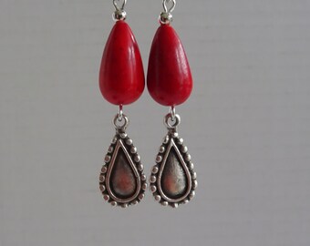 Boucles d’oreilles Boho, boucles d’oreilles, ethno, perle rouge, pendentif en argent antique, maman cadeau, Nicholas, petite amie, Noël, bal de promo,