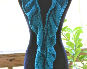 Aqua Scarf, Crochet Scarf for Women, Ruffle Scarf, Long Scarf for Women, Gift for Her, Winter Scarf, Winter Accessories, Long Skinny Scarf