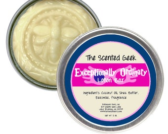 May include: A round, silver tin containing a light yellow lotion bar with a bee design. The lid, also silver, displays the text "The Scented Geek" and "Exceptionally Ordinary Lotion Bar". Ingredients include coconut oil and shea butter. Net wt. 2 oz.