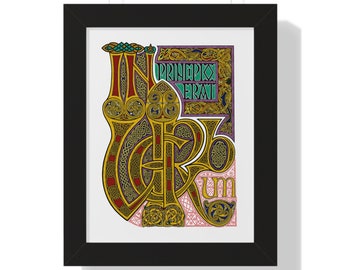 Impression de page d'incipit illuminée celtique, évangile de Saint-Jean « Au commencement était le mot » - encadré, livre de Kells, art sacré