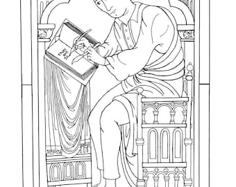 Puede incluir: Un dibujo en blanco y negro de una persona sentada en un trono y escribiendo en un libro. El libro está abierto y la persona sostiene una pluma. El texto en el libro dice "These are the days".