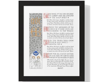 Oración del Ángelus, lámina iluminada, caligrafía y decoración gótica enmarcada, arte sacro