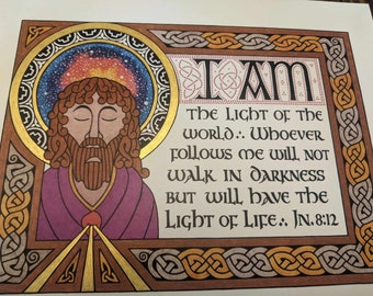 Enluminure celtique du Christ : « I AM the Light of the World » - décor de calligraphie médiévale illuminée, art sacré, icône, sans cadre