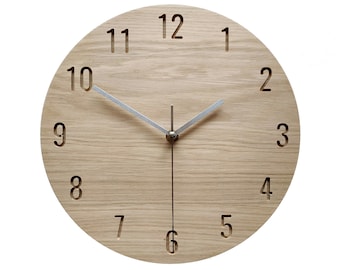Modern Wooden Wall Clock 11" 28cm, OAK, Minimalist Style and Home Decor, Silent Clock, Unique Natural Wood Clock