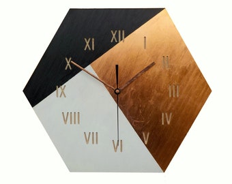 Copper Black White Hexagon, Roman Numbers Wood Clock, Modern Unique Home and Office Decor, Large Silent Clock, Traditional Gilding Technique