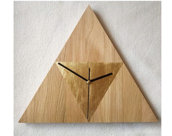 Triangle Oak Wall Clock: Gold Accent, Silent Modern Decor