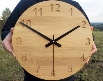 Minimalist Wood Clock, 14&#39;&#39; 36cm, Oak Clock, Modern Clock, Large Wall Clock, Numbers Clock, Wooden Wall Clock, Modern Wall Clock