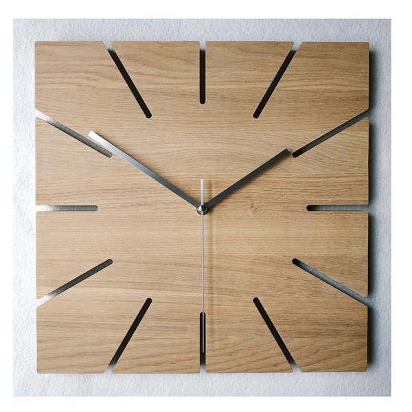 Square OAK Clock, 14'' 36cm, Wooden Wall Clock, Modern clock,Minimalist Clock, Silent clock, Naturdeco