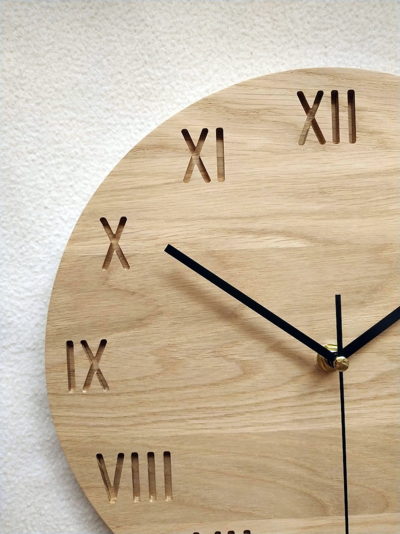 Roman Numeral Clock, Wood Wall Clock, Wall Clock, Minimalist Clock, Silent Clock, Engraving Numbers Clock, Naturdeco image 3